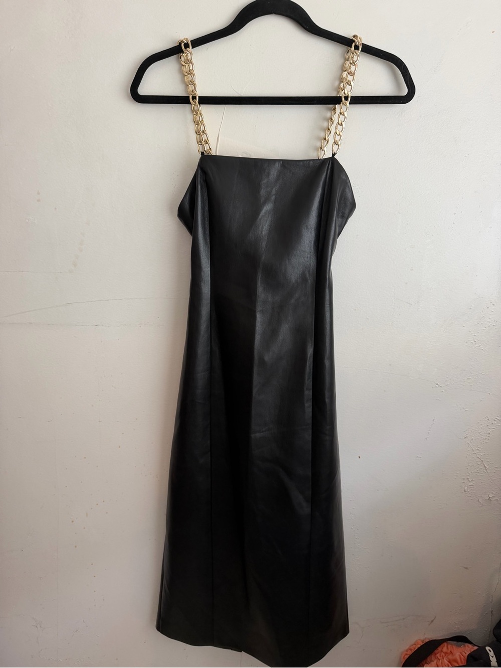Alice + Olivia Black Faux Leather Midi Dress with Gold Chain Straps